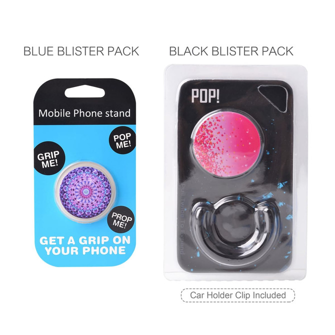 A blue and a black blister pack containing phone pop holders, with a car holder clip included. Each pack features a unique design.