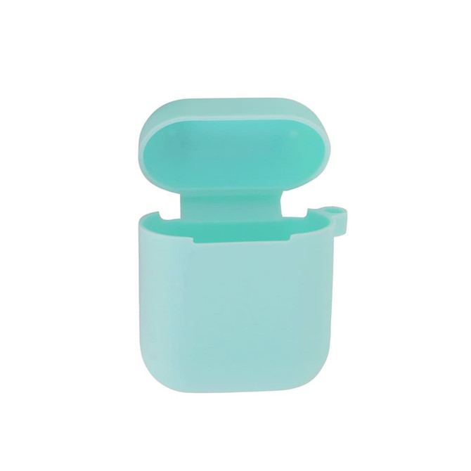 A mint green silicone protection case for AirPods, featuring an open lid and a loop for attachment.