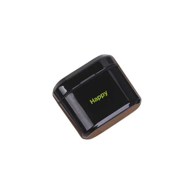 A black charging case for true wireless earbuds featuring green text and a sleek design.