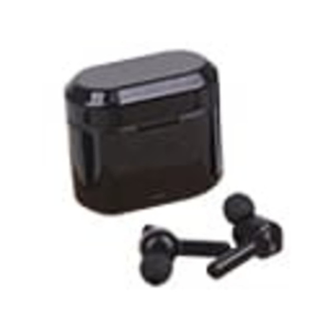 A black wireless earbud case with two matching earbuds placed beside it. The case has a logo.