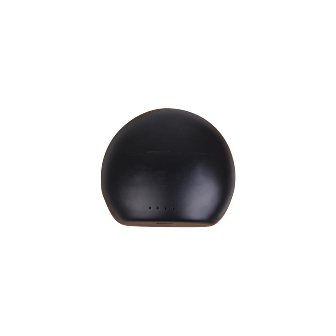 A black round charging case for True Wireless Earbuds, featuring a smooth surface and four indicator lights.