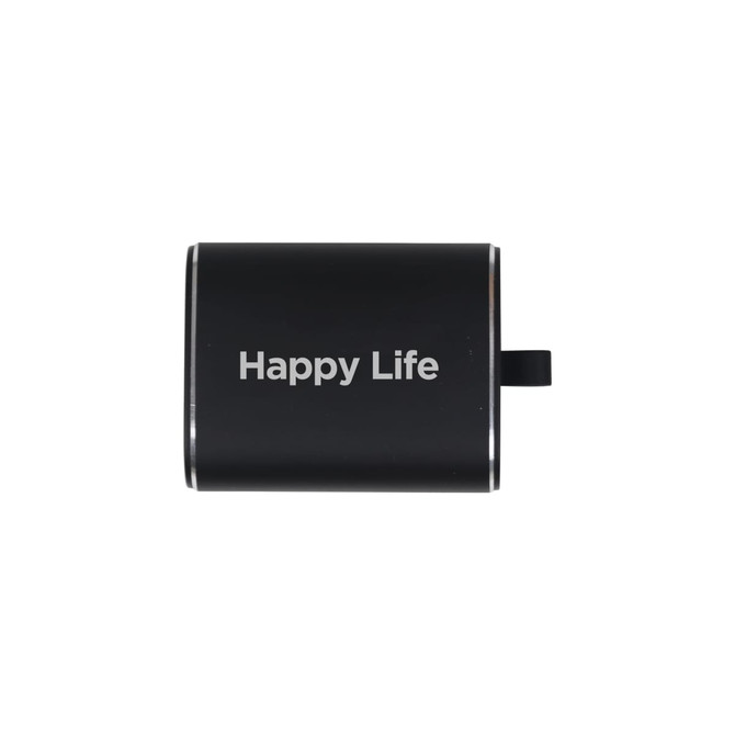 A black metal case for wireless earbuds with a sleek design and a small pull tab. It features a logo on the front.