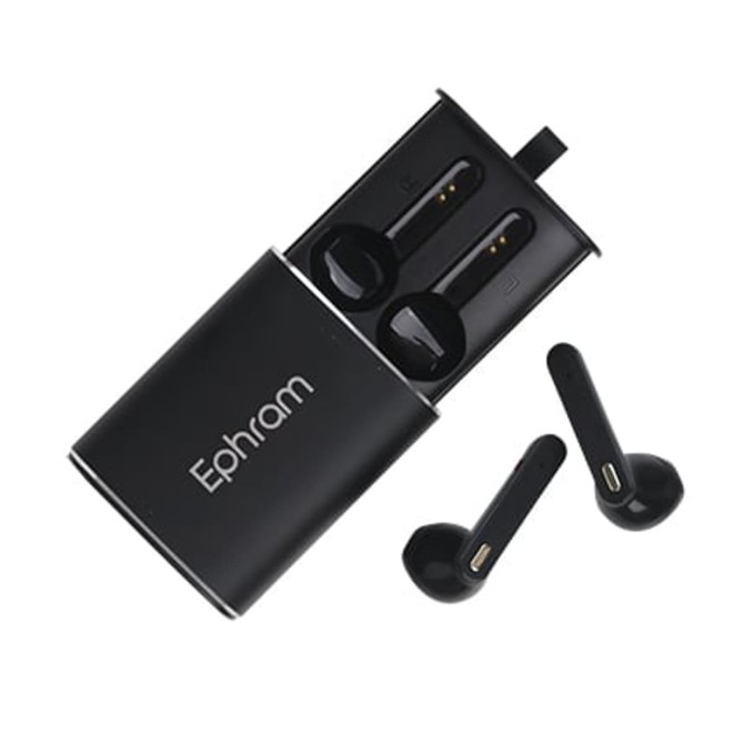 Black Slide Metal True Wireless Earbuds with charging case, featuring a logo, on a white background.