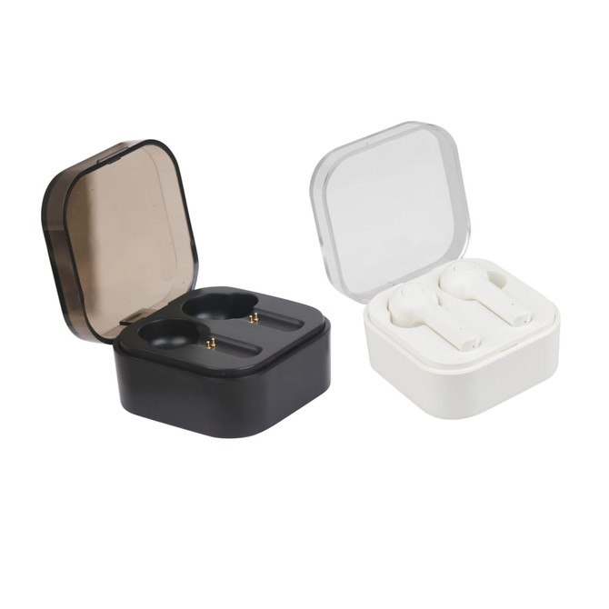 Square True Wireless Earbuds in black and white, presented in a transparent case. Includes a logo on the case.