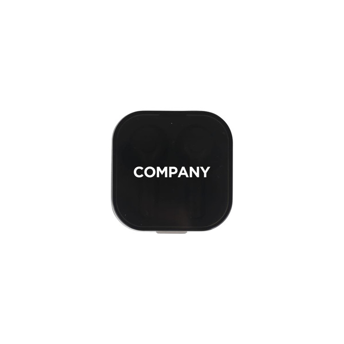 A pair of black square true wireless earbuds contained in a matching charging case with a logo.