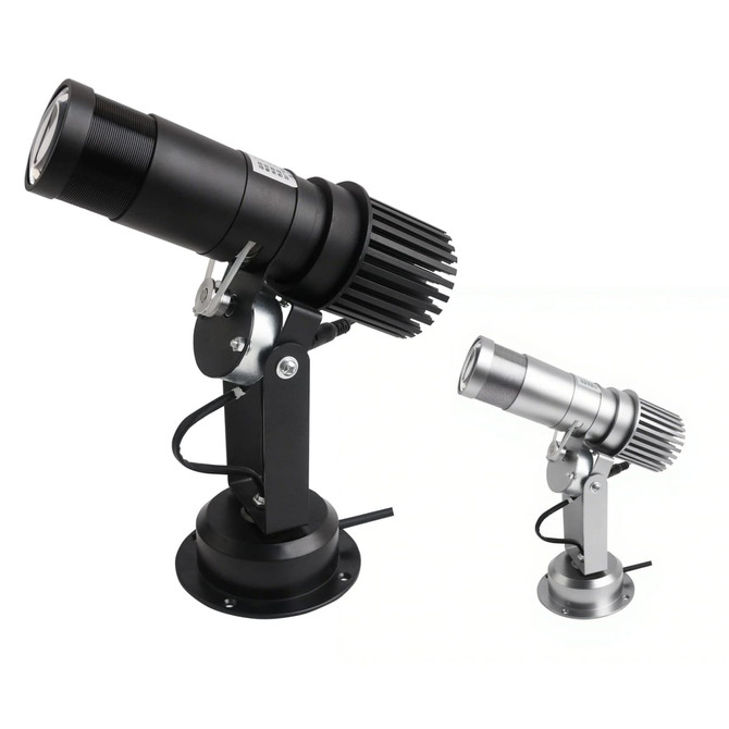 A black and silver LED logo projector light in two sizes, featuring adjustable mounting bases.
