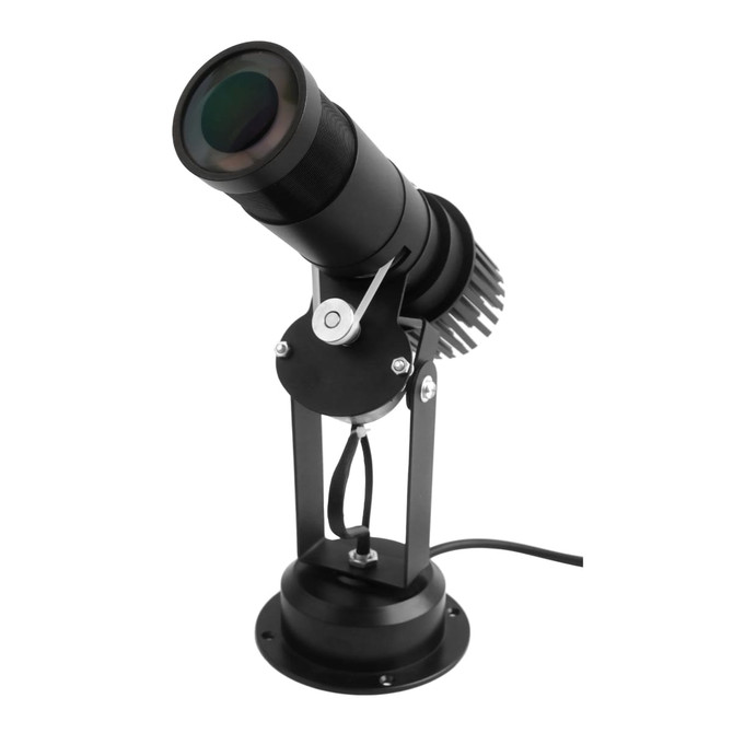 A black LED logo projector light with a sturdy base and adjustable angle for projection.