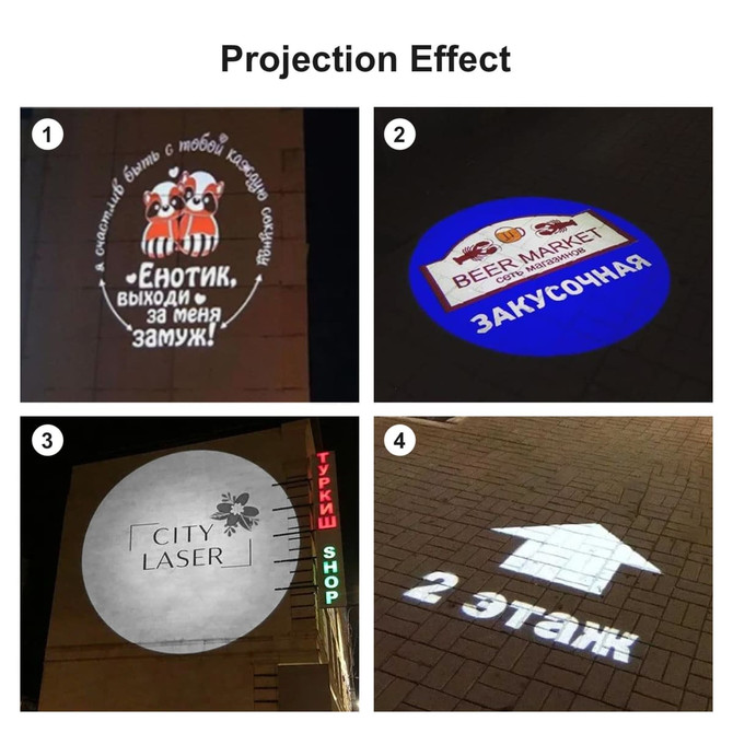 A projection light showcasing various logo and text designs on surfaces, featuring bright colours and sharp imagery.