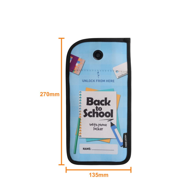 A lockable phone pouch in blue with a black border, featuring a branding logo and a name label.