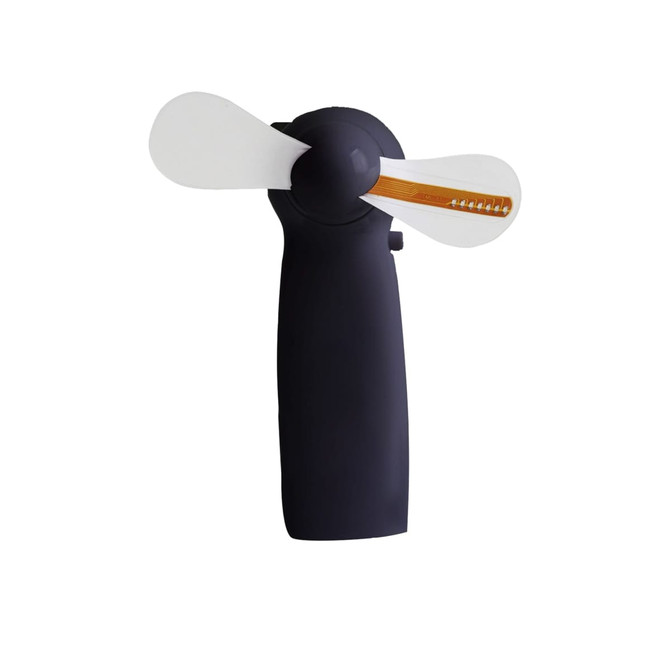 A black portable fan with white blades, designed for displaying messages. It features a simple, sleek design.