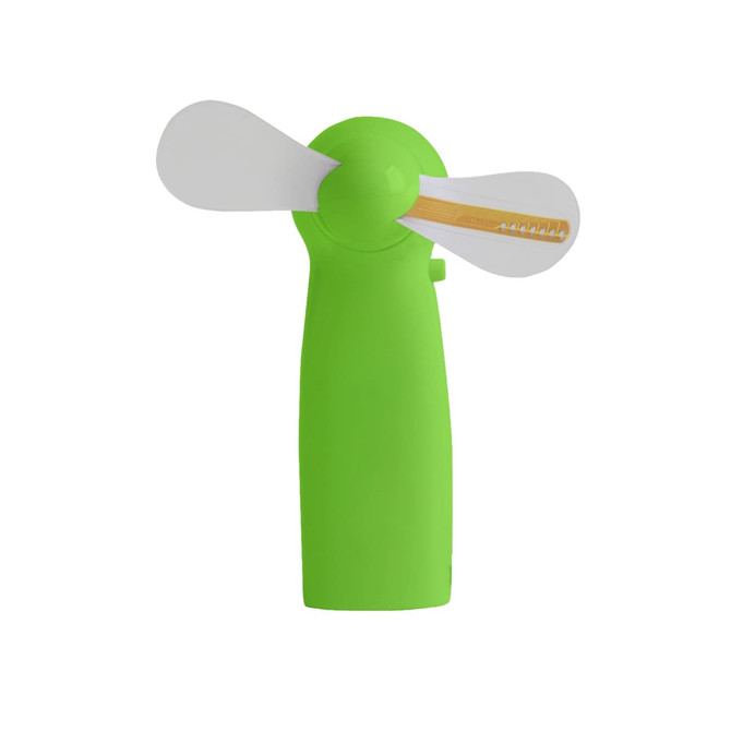 A green LED message fan with white blades, designed for displaying messages while creating a cooling breeze.