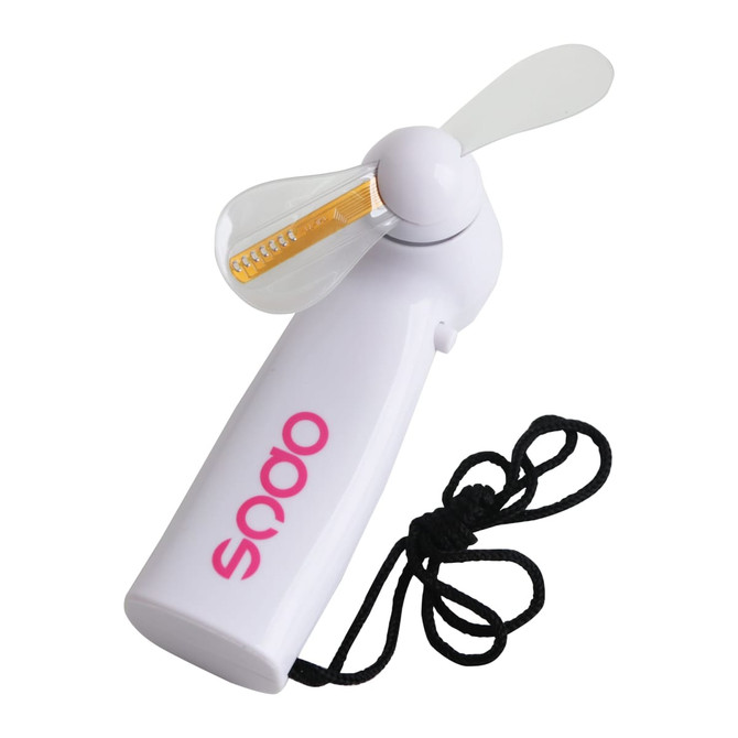 A white handheld fan with a cord, featuring a logo and LED lights on the blades.