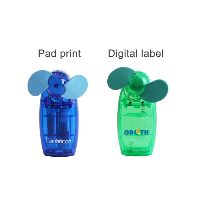 A transparent blue and green handy fan with blue blades, featuring branding on each unit.