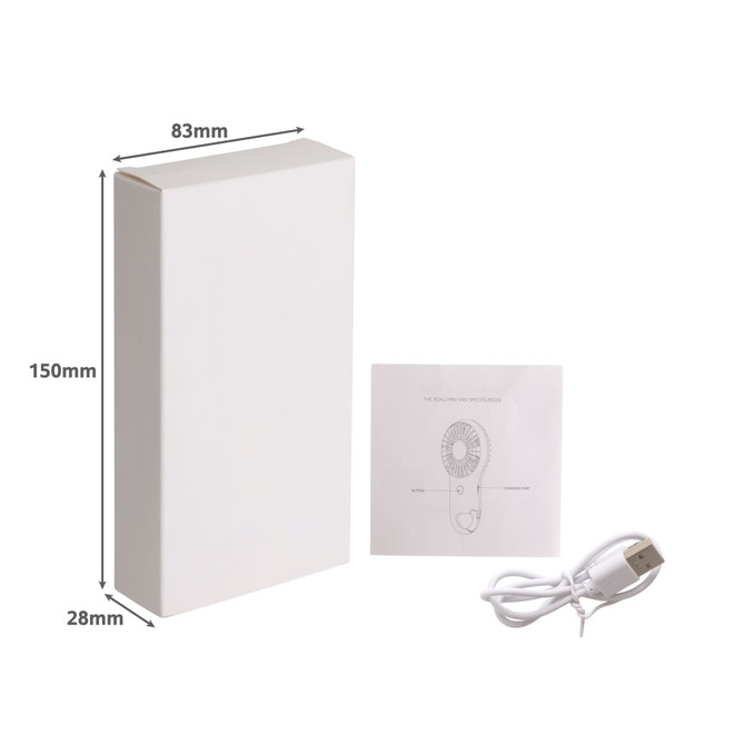 A white box containing a mini fan with an LED light, a USB charging cable, and instruction manual.