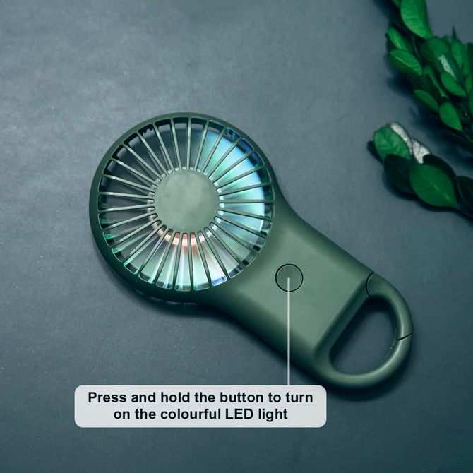 A green carabiner mini fan featuring a colourful LED light, designed for portability with a small handle.