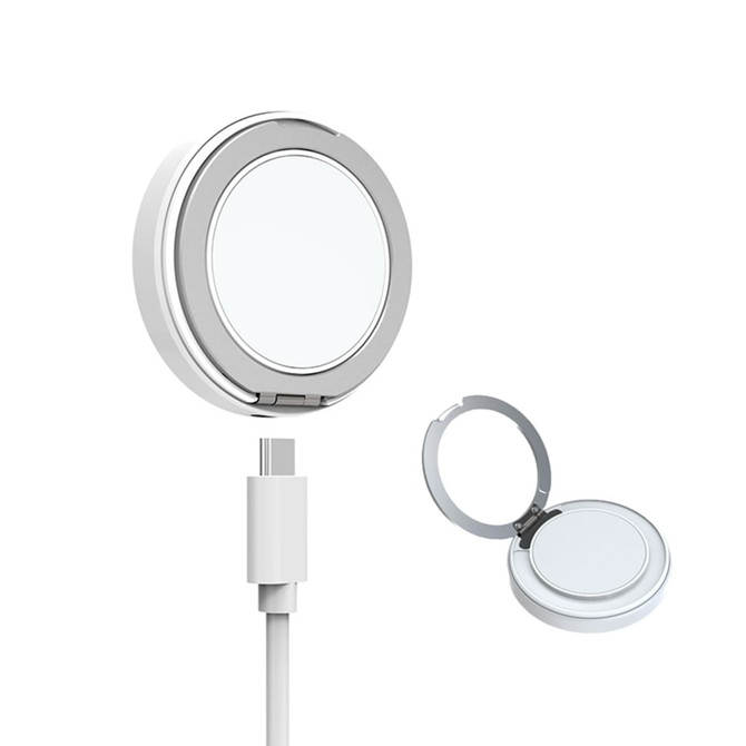 A magnetic wireless charging stand in silver and white, featuring a sleek design and a USB cable connection.