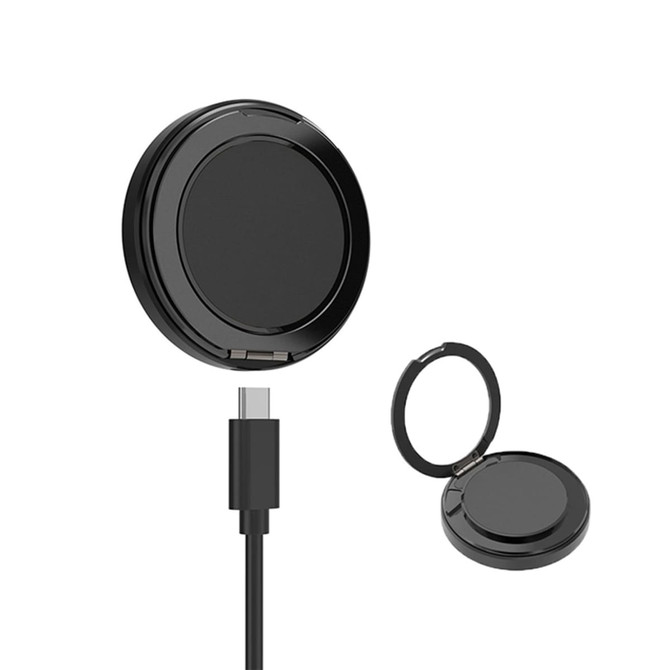 A black magnetic wireless charge stand with a USB cable, compact and circular in shape. Contains a logo.