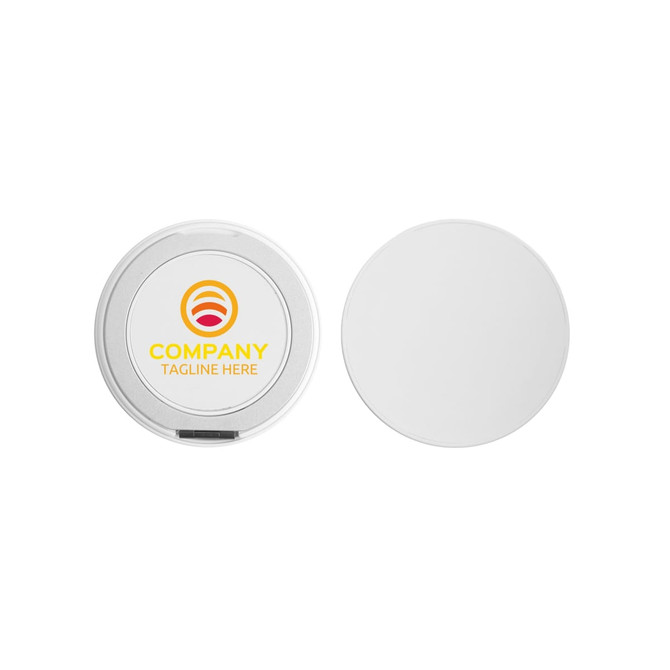 A circular wireless charging stand in silver, featuring a logo on one side and a smooth white surface on the other.