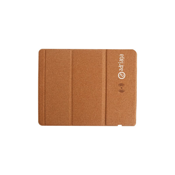 A foldable wireless charger in a light brown cork material, featuring a logo on one side.