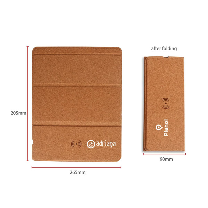 A foldable cork wireless charger in a natural brown colour, displayed in both expanded and folded forms.
