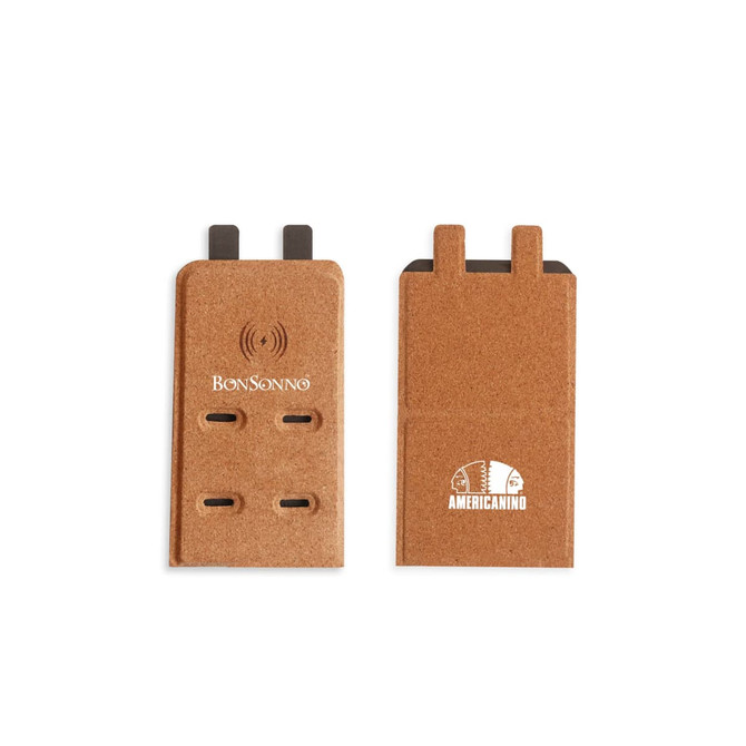 A cork wireless charger in a light brown colour, featuring a logo on one side and a smooth design.