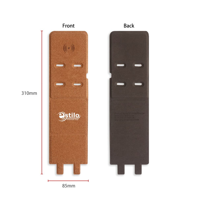 A cork wireless charger in tan on the front and black on the back, with cutouts and a logo. Measures 310mm by 85mm.