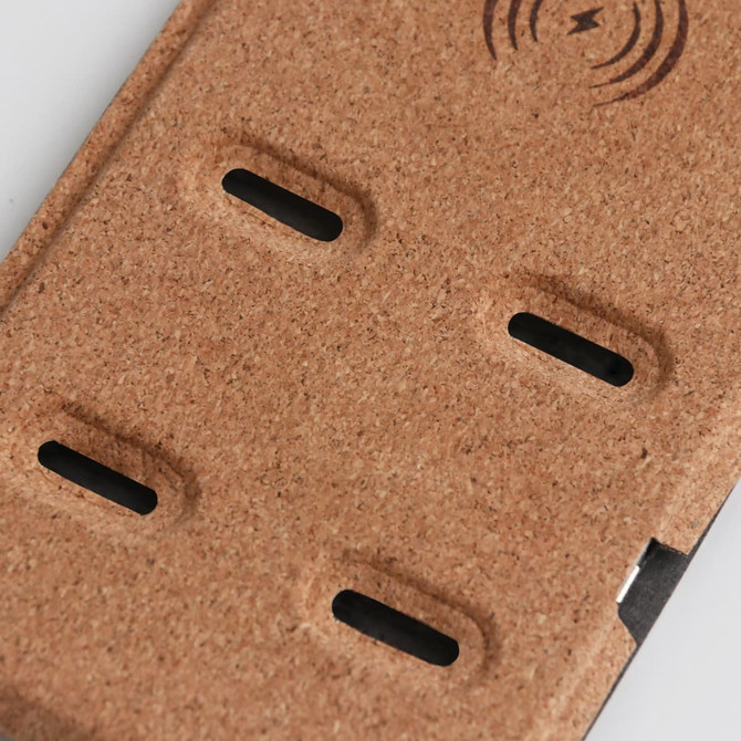 A 10W stand wireless charger featuring a cork surface and black rubber grips for stability. It includes a branding logo.
