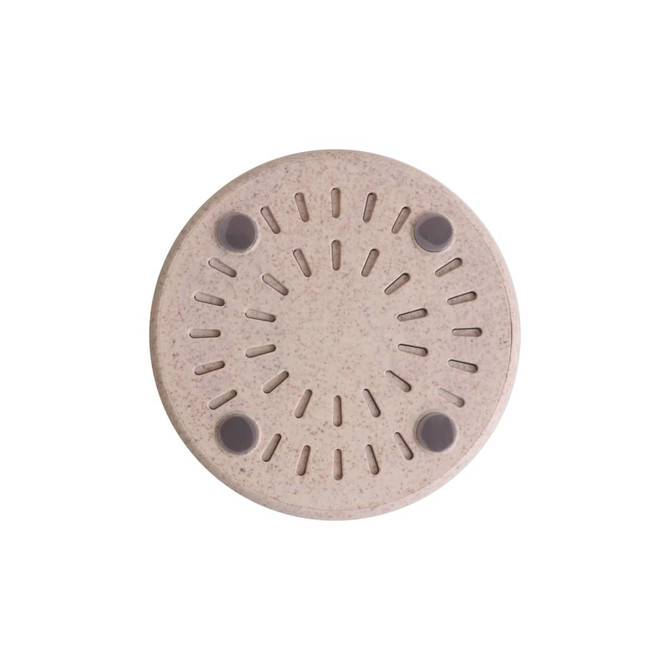 A round, beige wireless charger with textured surface and four non-slip pads on the bottom. Features a logo.
