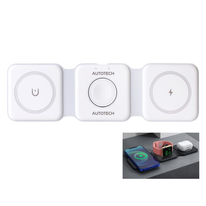 A white 3-in-1 foldable MagSafe wireless charger with ports for charging phones and accessories, featuring a logo.