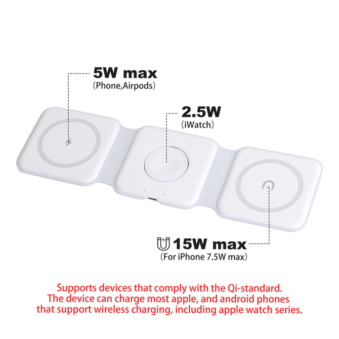 A white, 3-in-1 foldable MagSafe wireless charger with space for a phone, AirPods, and an Apple Watch.