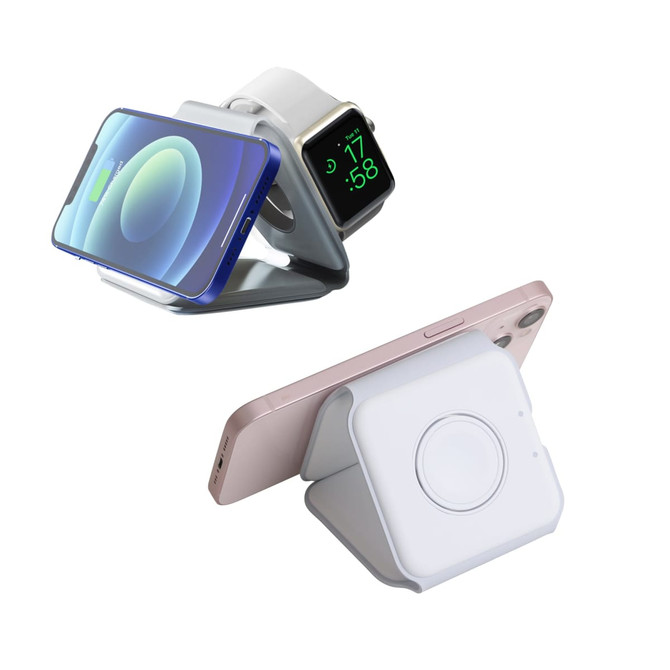 A foldable MagSafe wireless charger in white, designed to hold a smartphone and smartwatch on a compact stand.