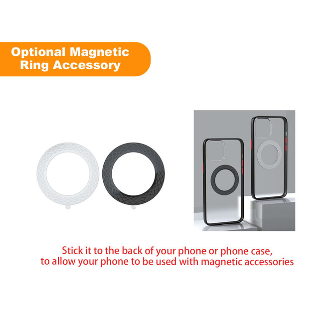 A magnetic ring accessory in white and black, designed for phone or phone case compatibility with magnetic accessories.