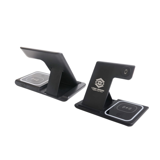 A black 3-in-1 portable wireless charger with a stand and multiple charging surfaces. It features a branding logo.