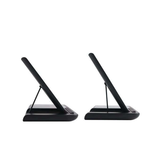 A black 3-in-1 portable wireless charger, featuring a sleek design with adjustable stands on each side.