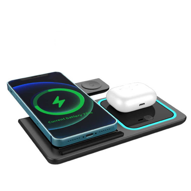 A portable wireless charger in black, featuring a smartphone and earbuds, with a sleek design and glowing accents.