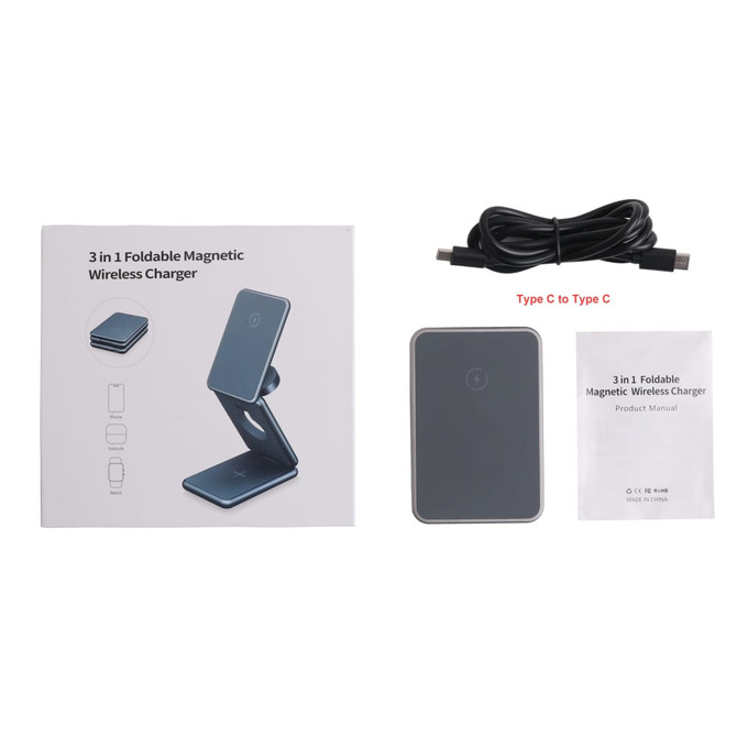 A foldable wireless charger stand in grey with a matching Type C cable. Includes a user manual and packaging.
