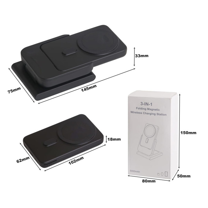 A black 3-in-1 power bank charging station with a sleek design and a branded box beside it.