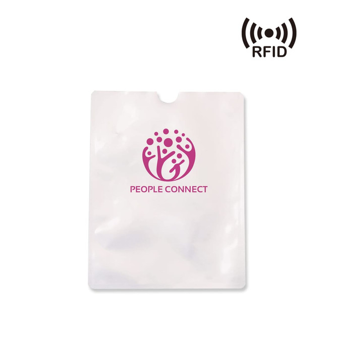 A white RFID passport holder featuring a pink logo. The design is sleek and minimalist, ideal for travel.