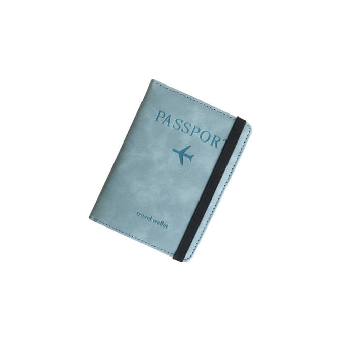 A light blue RFID multifunctional PU leather passport holder with an elastic band and a logo.