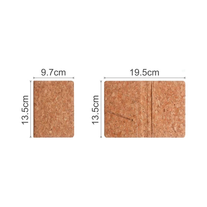 A cork passport holder in natural tones, featuring a simple design and a logo. Dimensions are 19.5cm x 13.5cm.
