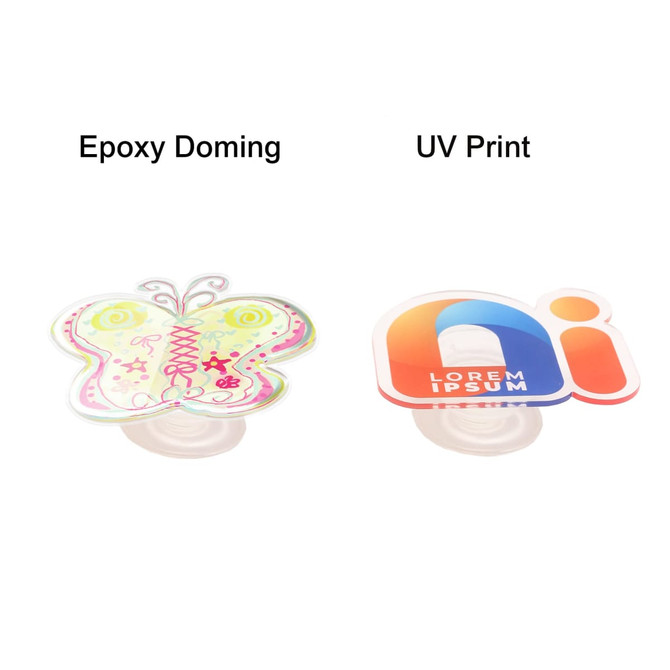 A butterfly-shaped acrylic phone pop holder and a custom-shaped holder with a multicoloured design, both with a clear base.