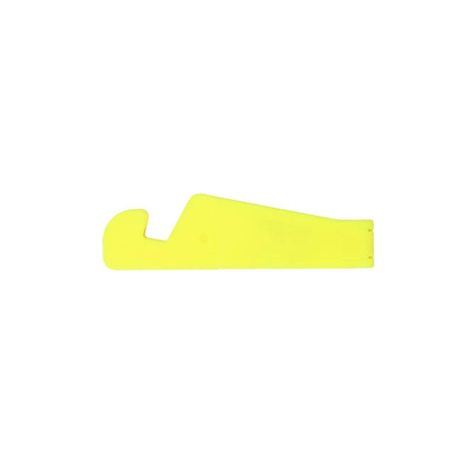 A bright yellow V-shaped phone and tablet stand, designed for stability and support. Features a simple design.