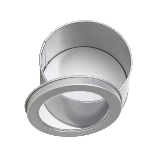 A medium silver tin can with a transparent window, featuring a removable lid. Ideal for packaging.