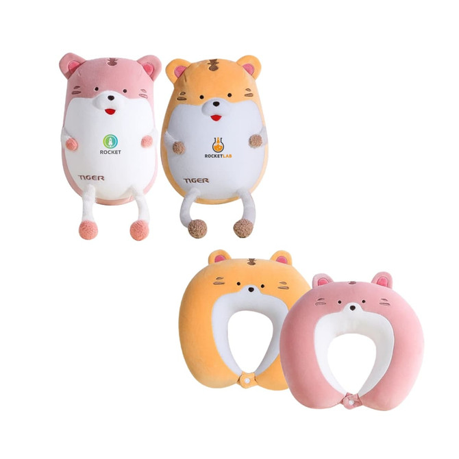 Two plush travel pillows shaped like tigers, featuring orange and pink colours, with a logo on one.