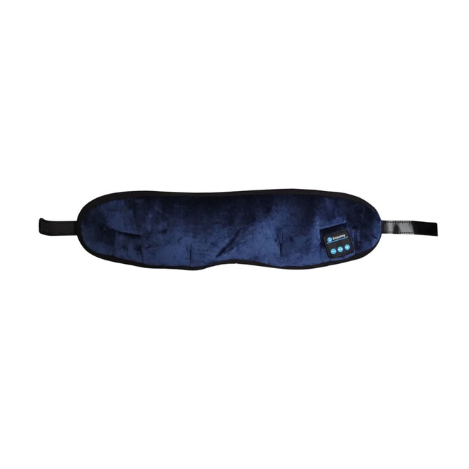 Bluetooth sleep headphones in navy blue with a soft, plush texture and an adjustable strap. Features a branding logo.