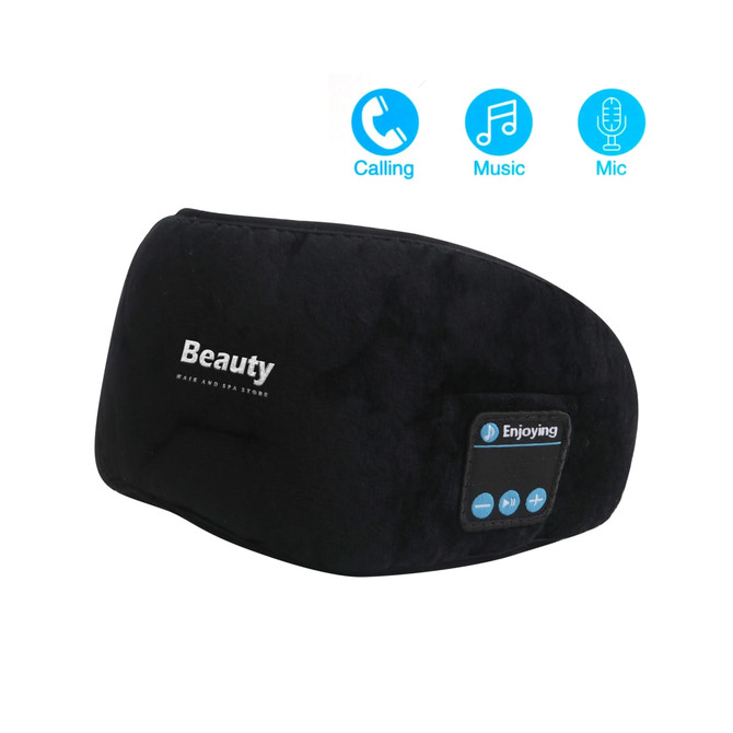 Bluetooth sleep headphones in black with built-in microphone and controls for music and calling. Features branding.