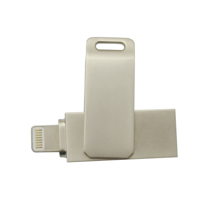 A silver flash drive with a swivel design and a small connector at one end, featuring a logo.