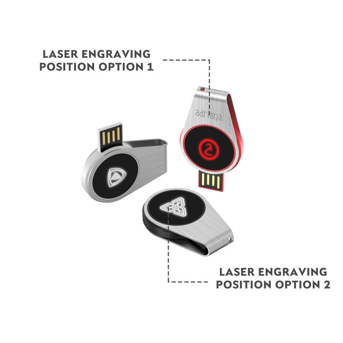 A silver and red swivel flash drive with two different engraving positions and a logo on its surface.