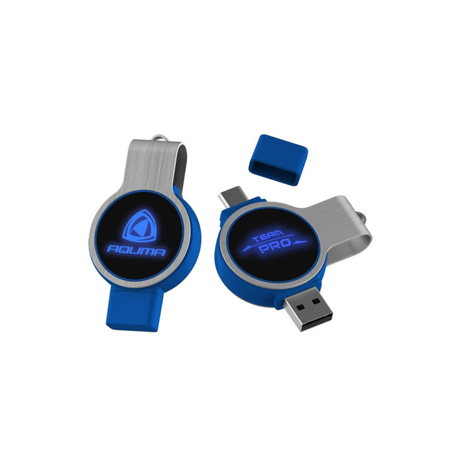 A double-ended swivel flash drive in blue and silver, featuring a logo on both sides.