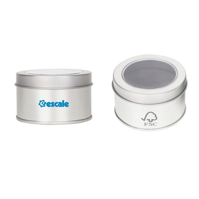 A small silver tin can with a clear lid, featuring a logo on one side and an FSC logo on the other.